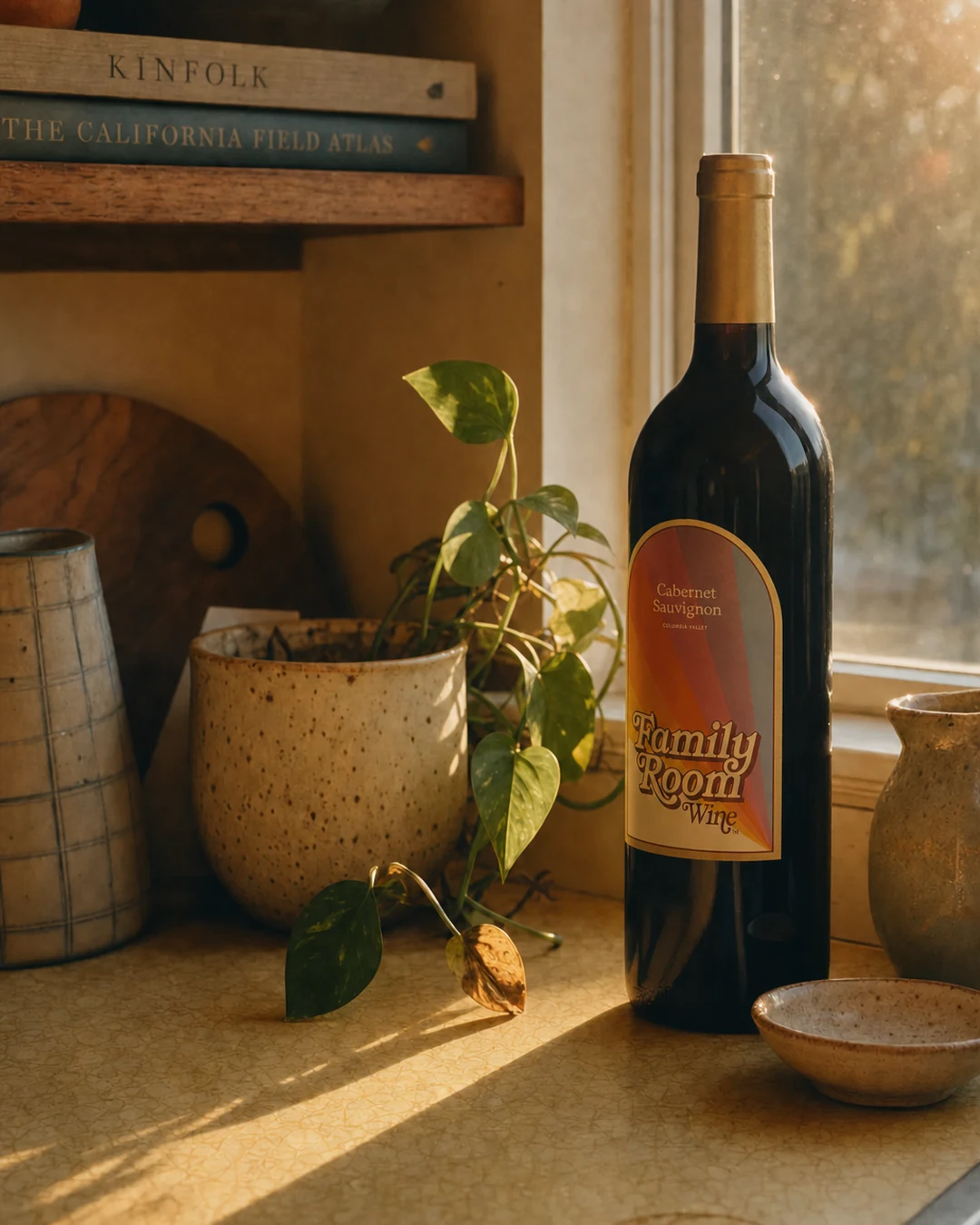 Cabernet bottle on a sunlit kitchen windowsill