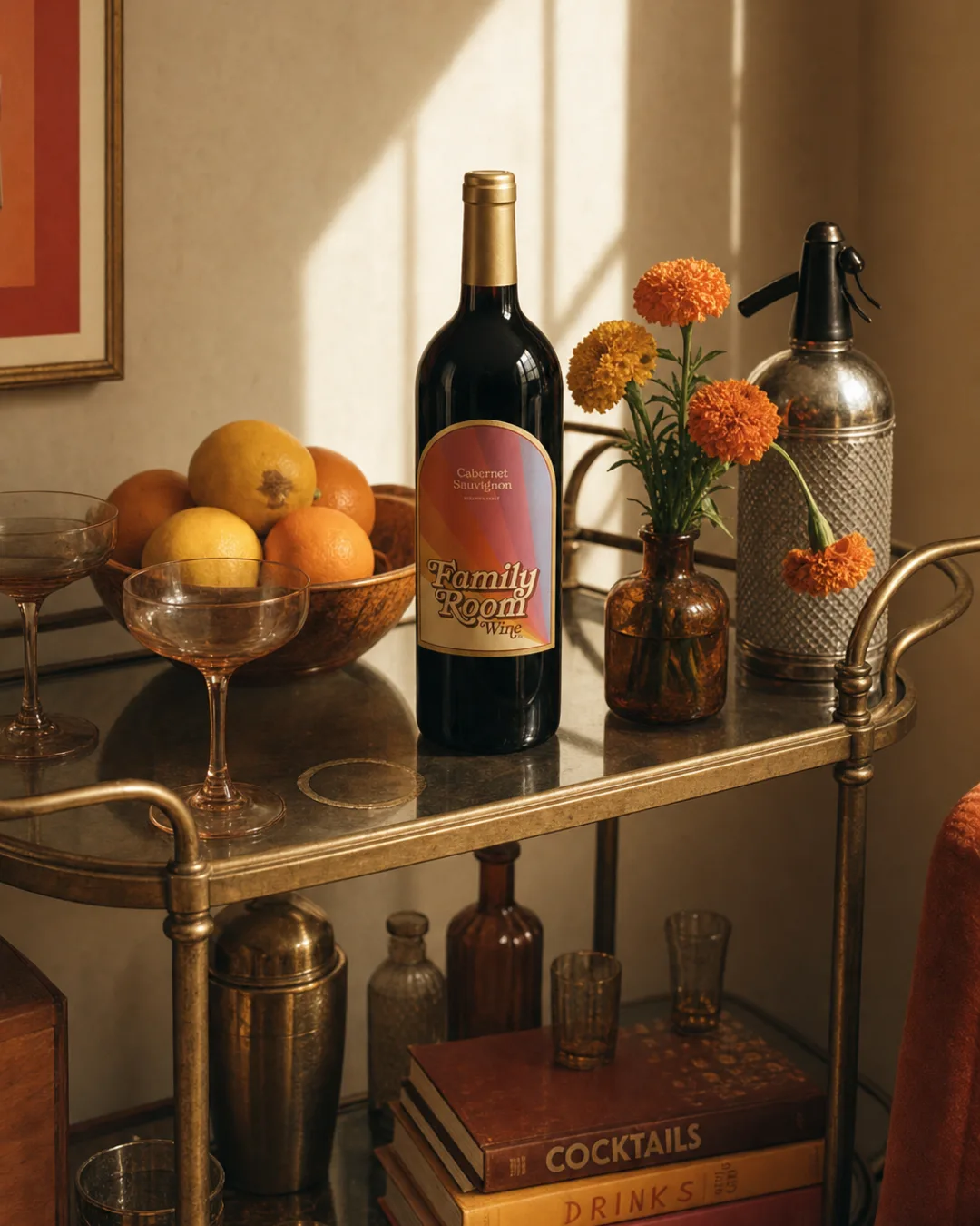 Cabernet bottle styled on a vintage brass bar cart